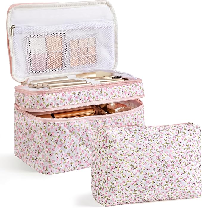 HBselect 2Pcs Travel Makeup Bag, Large Cotton Quilted Makeup Bag Cosmetic Bag Cute Make up Bag Toiletry Bags for Women Girls