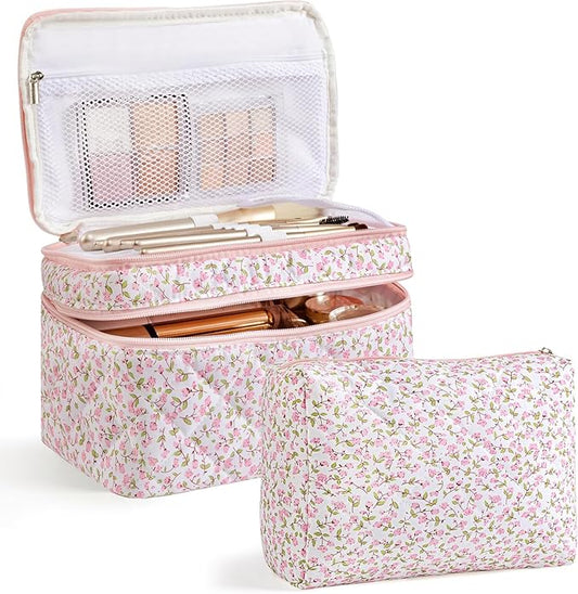 HBselect 2Pcs Travel Makeup Bag, Large Cotton Quilted Makeup Bag Cosmetic Bag Cute Make up Bag Toiletry Bags for Women Girls