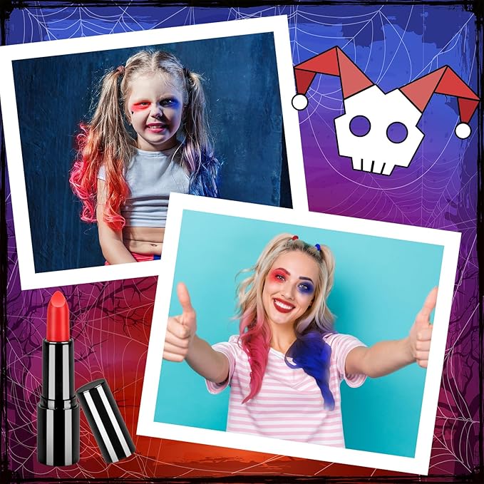 Halloween Makeup Set Clown Make Up Kit Includes Red White Blue Face Paint Hair Color Sticks Glitte Paint Stick Lipstick Makeup Brush Hair Tie for Halloween Cosplay Party DIY