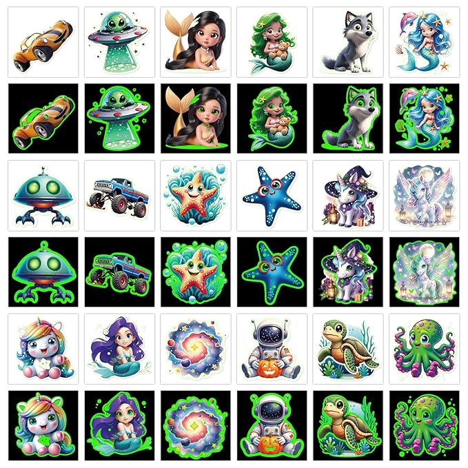Glow in Dark 3D Temporary Tattoos for Kids, 117 Unicorn Mermaid Truck Dinosaur Space Cartoon Animal Waterproof Fake Tattoos, Luminous Small Stickers for Boys Girls Birthday Party Favor