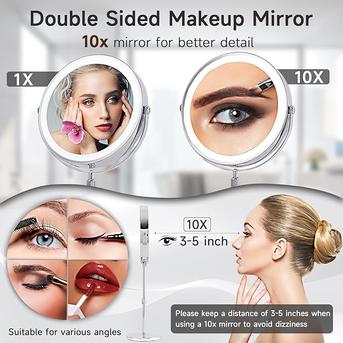 1X/10X Magnifying Makeup Mirror with Lights - 9" Large Dual-Sided Vanity Mirror with 3 Color Lights for Women's Travel Cosmetic Mirror | 3000 mAh-USB Rechargeable | 360° Rotation | Adjustable Height