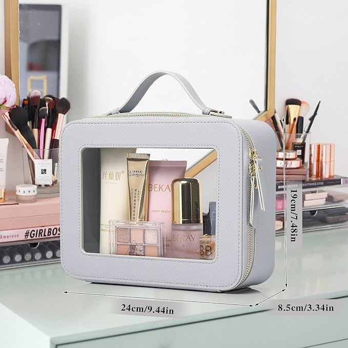 Pinkmik Clear Makeup Bag Waterproof Travel Case for Cosmetics and Toiletries Women's Makeup Organizer and Car Bag with Zipper (Gray, L)