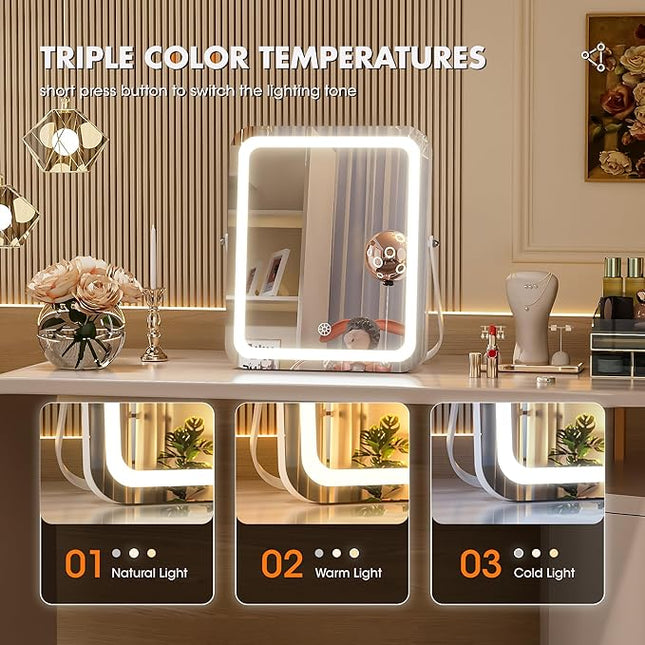 Hasipu Vanity Mirror with Lights, 11" x 14" LED Makeup Mirror, 3 Modes Light, Smart Touch Control Dimmable, 360°Rotation, Rectangle White Frame, with 5X Magnifying Glass