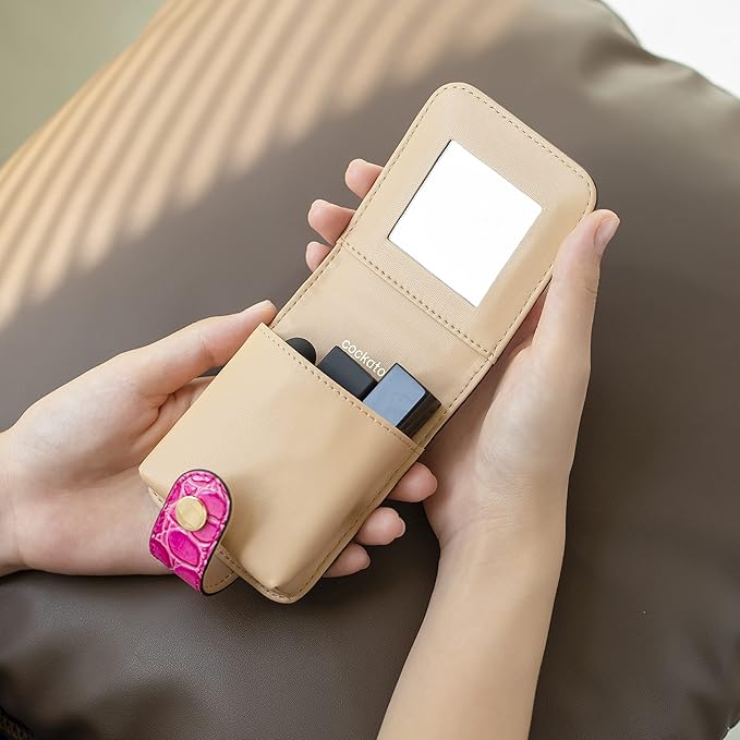 Cockatoo Leather Lipstick Case with Mirror Makeup Holder Portable Small Cosmetic Bag for Women More Colors