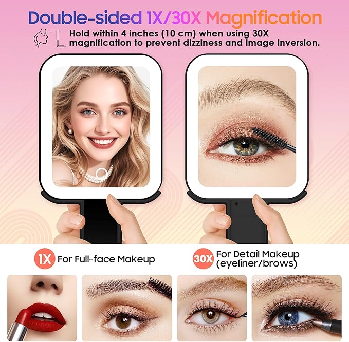 Magnifying Travel Mirror with Light, 30X/1X Double-Sided Magnifying Mirror with 3 Color Lights, Brightness Adjustable, Foldable Handheld Makeup Mirrors Portable for Travel and Desktop Use