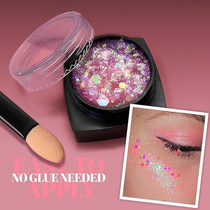 LALACE Face Glitter, Pink Body Glitter Gel - Long-Lasting Holographic Glitter for Hair, Face, Body, Shimmer Eyeshadow, 8PCS DIY Heart Love Temporary Tattoos, Valentine's Day Gifts for Girlfriend