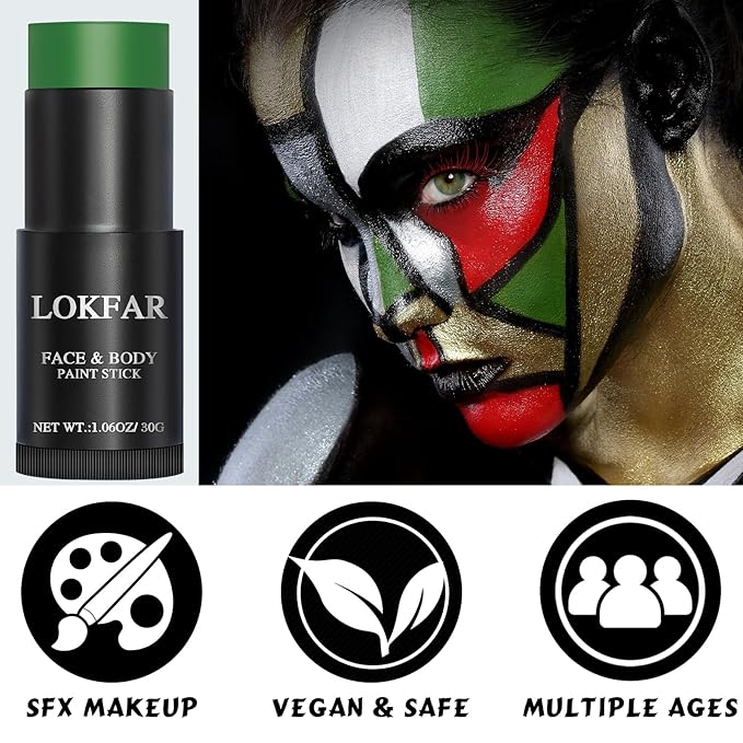 Green Face Body Paint Stick, Football Baseball Eye Black Stick, Waterproof Full-Coverage Green Face Makeup for Halloween Witch Alien Camo Frankenstein Cosplay Makeup