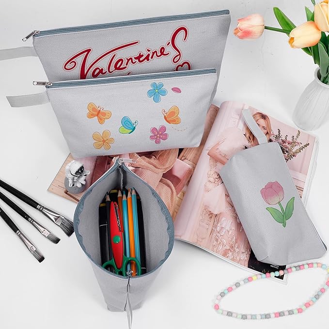 10 Pieces Cotton Canvas Makeup Bag with Bottom and Strap, Multi-Purpose Cosmetic Bag with Zipper Travel Toiletry Pouch, Blank DIY Craft Bag (Grey, L)