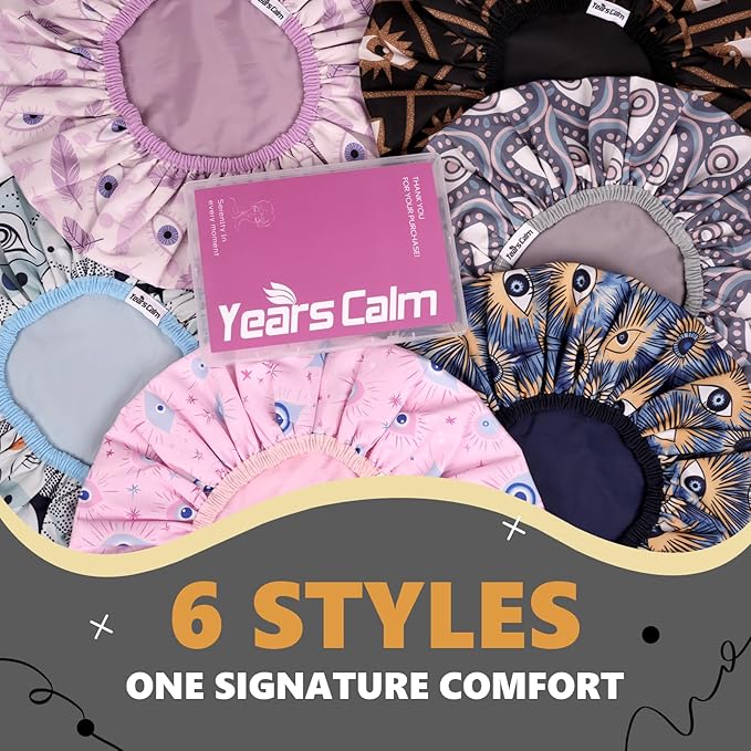 Years Calm Evil Eye Shower Caps for Women Reusable Waterproof, Pattern and Solid Color Dual-Layer Design, Hair Cap for Shower with Elastic Band, Fits Braids, Dreadlocks & Long Hair (Black)