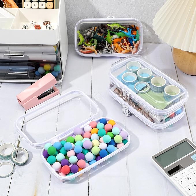 Hoolerry 4 Pcs Hard Clear Zipper Case Makeup Bags Plastic Pencil Pouch Transparent Storage Box Containers for Cosmetics, Snacks, Building Blocks, Puzzles(White,7.5 x 3.9 x 2 in)