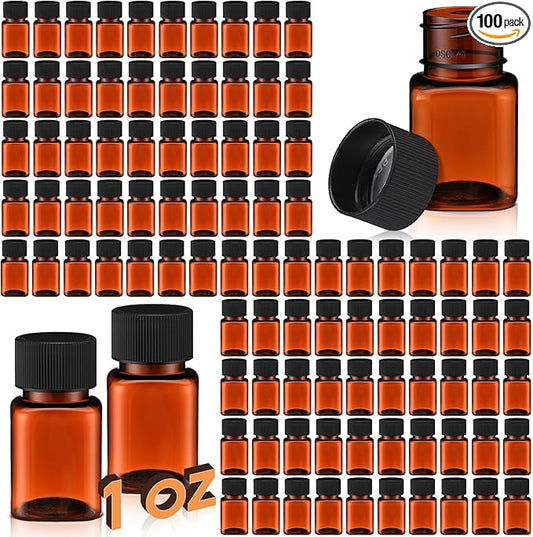 Tanlade 100 Pcs 1 oz Amber Plastic Cosmetic Jars with Lids Empty Leak Proof Container Refillable Cosmetic Jars Airtight for Cream, Lotion, Powder, Ointment, Beauty Products Travel Storage(Square)