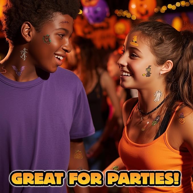 Assorted Halloween Temporary Tattoos – Spooky Designs for Kids & Adults, Includes Ghosts, Pumpkins, Bats, Skulls & More, Non-Toxic Party Favors & Trick-or-Treat Handouts