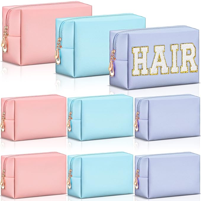Sanwuta 9 Pcs Makeup Bags Bulk PU Double Zippers Cosmetic Bag Makeup Toiletry Pouch Portable Travel Organizers Case for Women Bachelorette Party End of The Year Bridesmaid Gift(Pink, Blue, Purple)