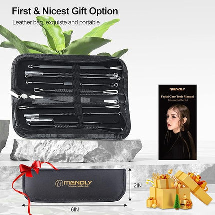 MENOLY Pimple Popper Tool Kit 10 Pcs Blackhead Remover Tool Zit Popper for Blemish, Pimple Comedone Extractor Acne Tool for Blackheads, Acnes, Whiteheads Nose Face Tools with Leather Bag