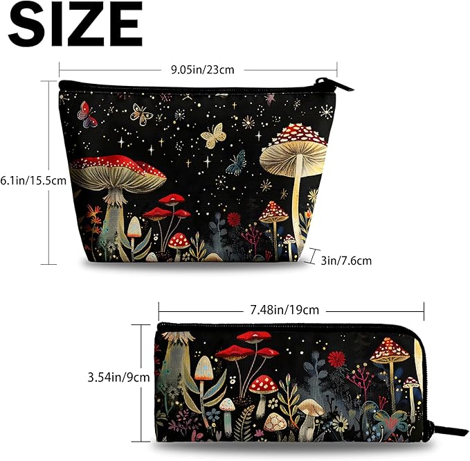 Mushrooms Makeup Bag Cosmetic Bag for Women,1Pcs Large Capacity Makeup Bags and 1Pcs Pencil Case Makeup Brushes Storage Bag Travel Toiletry Bag Organizer