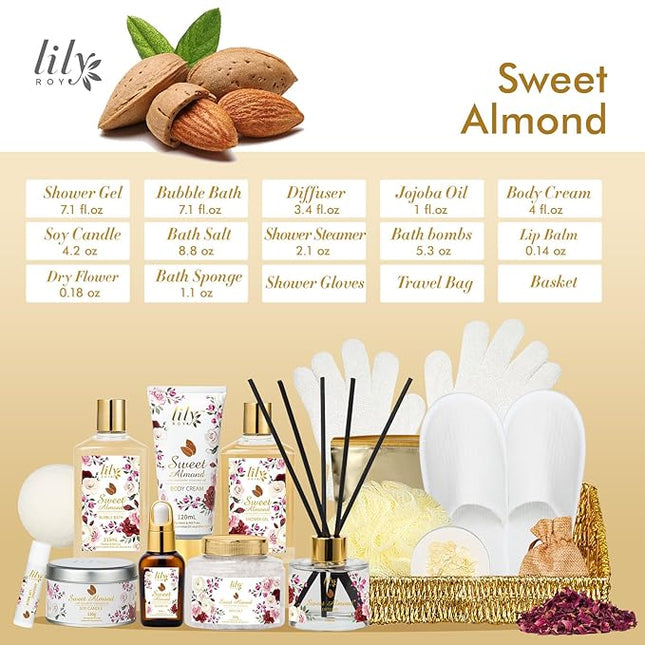 Valentines Day Gifts Spa Gift Basket Set for Women 17-Piece Almond Luxury Spa Gift Set Bath & Body Care Kit with Shower Gel | Christmas, Mothers Day Gift for Mom, Birthday Gifts for Her, Wife, Mom