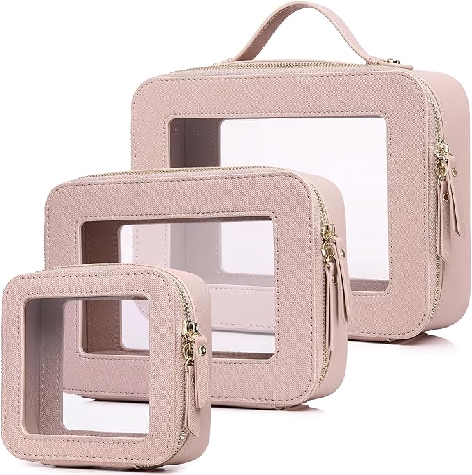 Pinkmik Clear Makeup Bag Waterproof Travel Case for Cosmetics and Toiletries Women's Purse Organizer and Clear Car Bag with Zipper (Pink, L+M+MINI)