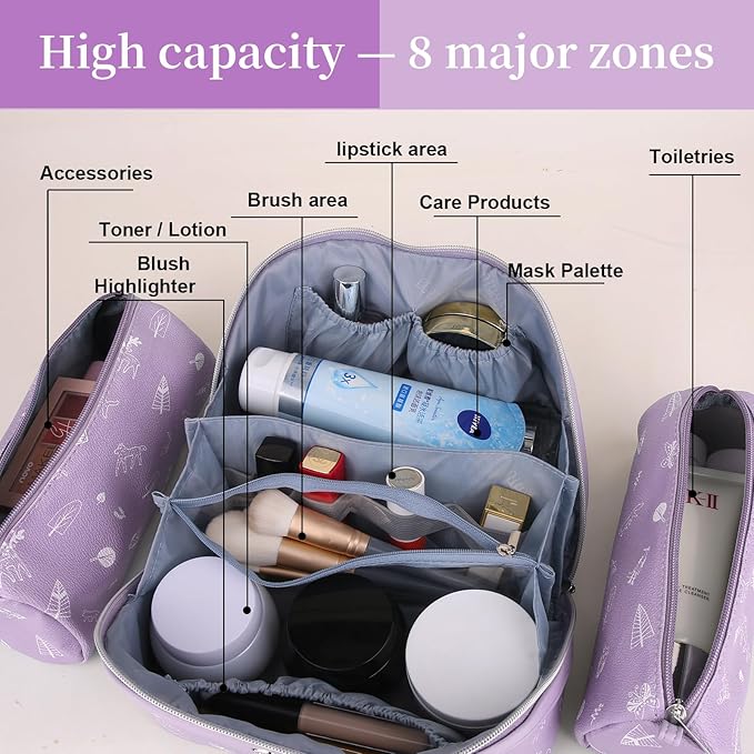 BOYATU Travel Makeup Bag Cosmetic Bags for Women: 3 Pcs Set Portable Make up Bag with Handle - Vegan Leather Toiletry Bags with Compartments - Makeup Organizer for Travel Essentials(04-Lilac)
