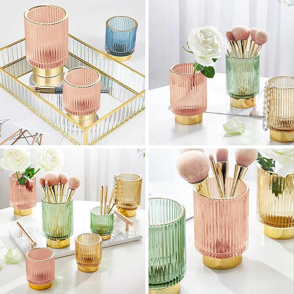 DASITON Makeup Brush holder Organizer,Crystal Cosmetic Makeup Brush Glass Brushes Storage Holder, Vintage Make Up Brush Cup Pen Pencil Holder striped vase(Pink L)