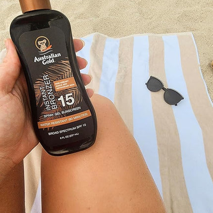 Australian Gold Spray Gel Sunscreen with Instant Bronzer SPF 15, 8 Ounce | Moisturize & Hydrate Skin | Broad Spectrum | Water Resistant | Non-Greasy SPF 15 8 Fl Oz (Pack of 1)