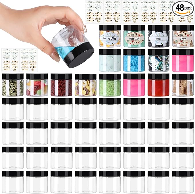 2 oz Plastic Jars with Lids 48Pack,Empty Small Plastic Jars with Lids for Storage, Round Clear for Cream,Lotion,Powder,Ointment(2fl.oz,set of 48)