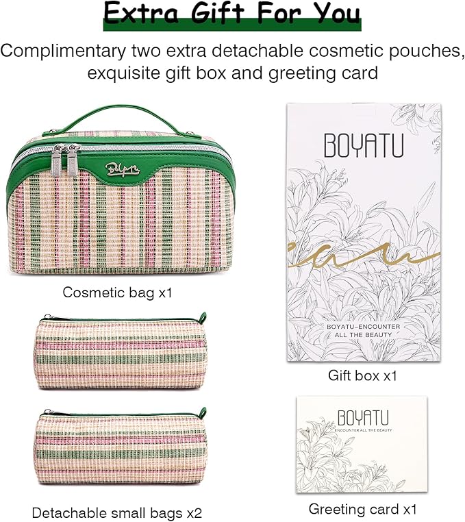 Travel Makeup Bag for Women: Large Capacity Open Flat Make up Bag Set of 3 - Vegan Leather Cosmetic Bag with Compartments - Waterproof Toiletry Bag with Handle & Divider(Green)