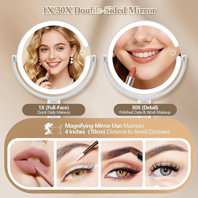 Makeup Mirror with Lights, Double Sided 1x/30x Magnifying Mirror with Light, Rechargeable 3 Color Lights and Adjustable Brightness, 360° Rotation Detachable Comes with Tweezer(White 30X)