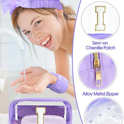 Gift Sets for Women, Initial Makeup Bag with Makeup Brush Set Bachelorette Party Favors, Purple Spa Kit with Skincare Headbands Wrist Bands Sleepover Party Supplies Gifts for Teen Girls Bridesmaid I