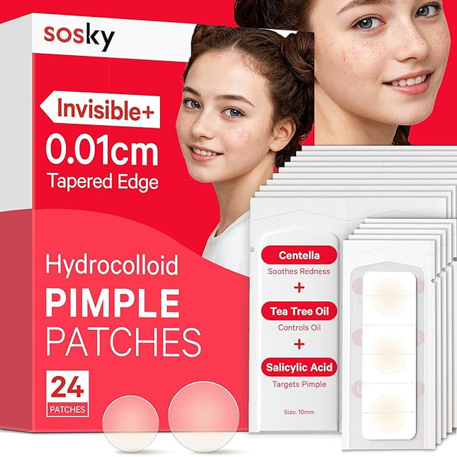 Sosky Pimple Patches for Face, Hydrocolloid Acne Patches with Salicylic Acid, Zit Stickers, Blemish Covers, 24 Count Invisible