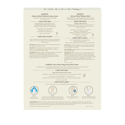 Aveeno Stress Relief Gift Set, Skincare Set for Sensitive Skin with Soothing Body Wash & Moisturizing Body Lotion, plus, Skin Relief Repairing Hand Masks for Very Dry Skin, 3 Items