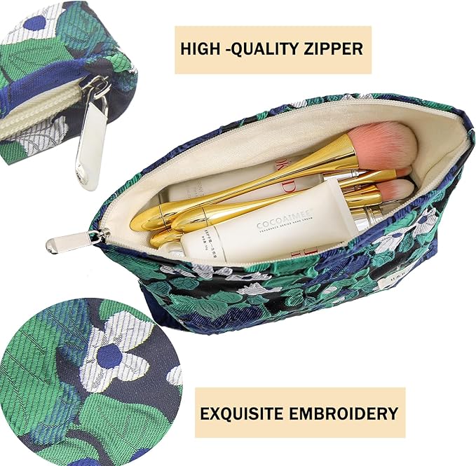 2 Pcs Makeup Bags, Large Cosmetic Bag Travel Toiletry Bag Organizer for Women, Embroidery Craft, Floral Makeup Bag Small Cosmetic Pouch Purse with Zipper Gifts for Girls Teen