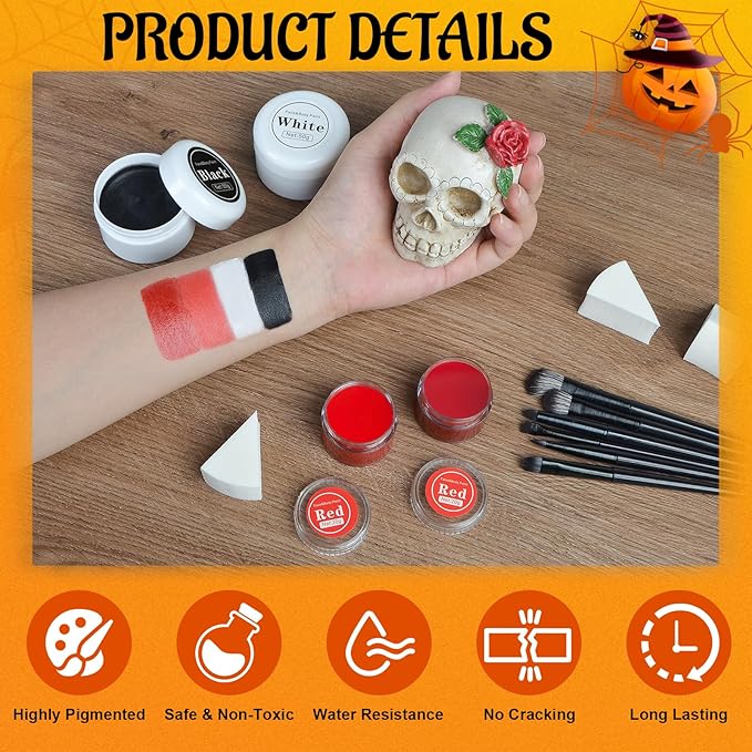 13PCS Clown Makeup Kit, Black + White + Red + Dark Red Face Body Paint Set with 6 Painting Brushes & 3 Sponge,Halloween Oil Based Body Paint for Adults Joker Zombie Vampire Skeleton Costume SFX Makeup