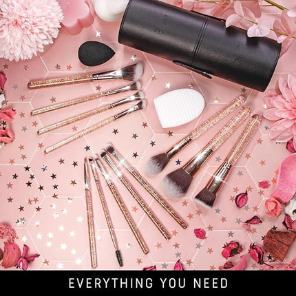 Niré Beauty 15piece Award Winning Glitter Makeup Brushes: Cute Makeup Brushes Set with Case, Beauty Blender, Cleaner, Guide, Gift Box