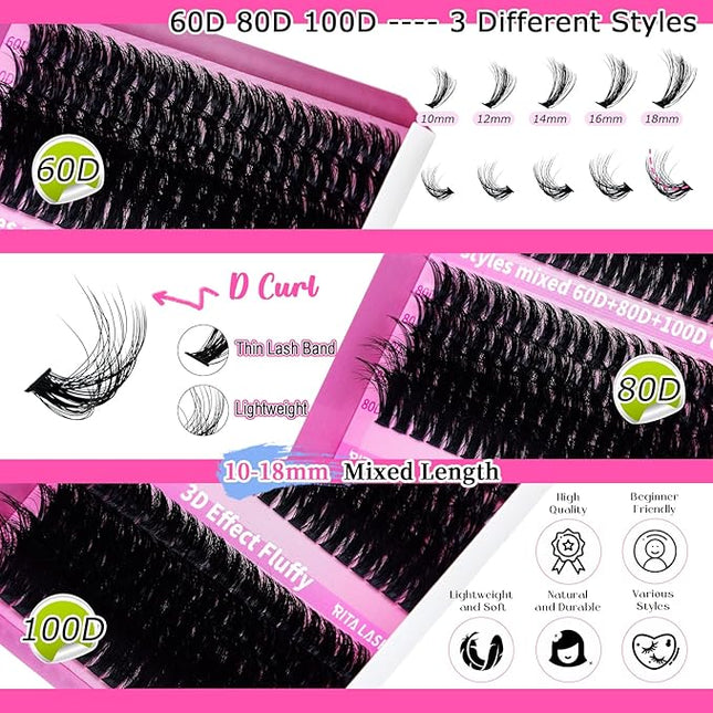 Lash Clusters 3 Style Cluster Lashes Book Individual Lashes Clusters Eyelash Extensions False Eyelashes DIY Wispy 3D Effect Lash Extension Natural(60D+80D+100D Cluster Lashes)