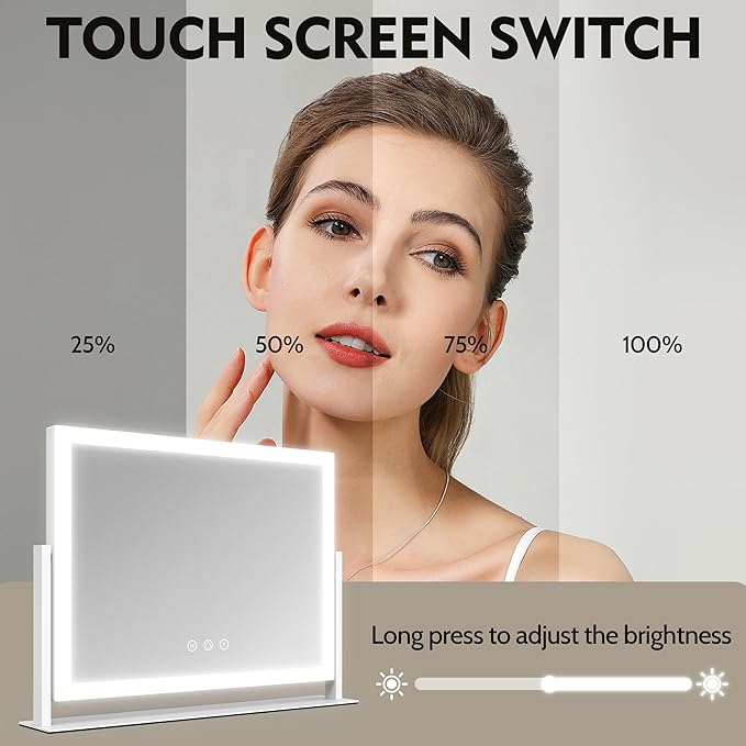 Lighted Makeup Mirror, 16.3"x12.6" Hollywood Vanity Mirror with Lights, 10X Magnification, 3 Color Lighting Modes, Smart Touch Control, 360° Rotation for Bedroom or Tabletop (White)