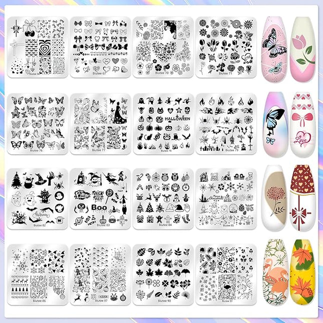 Biutee Nail Stamper Kit 16Pcs Nail Art Stamping Plate 8 Colors Stamp Polish Gel Silicone Stamper Scraper with Storage Bag, Nail Stamp Plates Love Flower Butterfly Leaf Template Valentine Design Gift