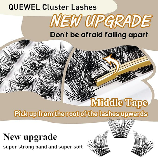 QUEWEL Lash Clusters 72 Pcs Wide Stem Individual Lashes C/D Curl 8-16mm Length DIY Eyelash Extension False Eyelashes Soft for Personal Makeup Use at Home (H03-C-12)