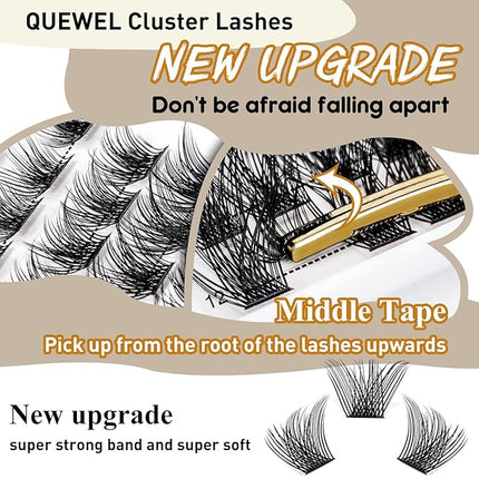QUEWEL Cluster Lashes 72 Pcs Wide Stem Individual Lashes C/D Curl 8-16mm Length DIY Eyelash Extension False Eyelashes Natural&Mega Styles Soft for Personal Makeup Use at Home (Mega-C-10)