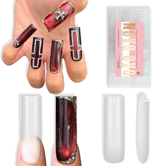 NOVO OVO Sharp Square Long Nail Tips Press on, Natural (Not Sculpted) No C Curve Soft Gel Double Matte Clear Fake Nail Extension,Full Cover False Nails for Salon DIY Manicure x 15 Sizes 360 pcs