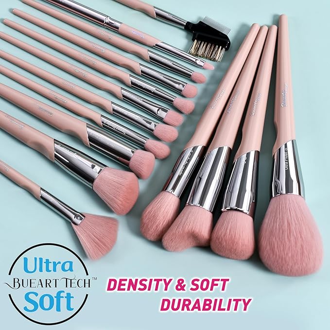 Bueart design 16Pcs ULTRA SOFT Labeled Best Makeup Brushes set with Travel Holder case face Contour Foundation brushes (16Pcs Elegant+Pink Holder)