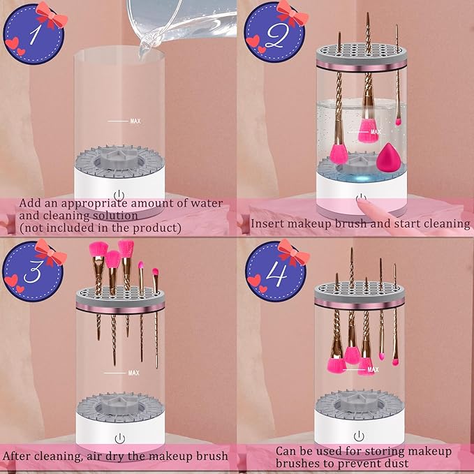 Electric Makeup Brush Cleaner Machine: Portable Face Beauty Brushes Cleaning Blender with Silicone Holder, Facial Care Tool Washer, Sponge Washing Device, Girls Travel Cosmetic Organizer (White)