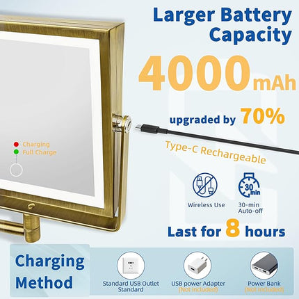 Ruacq Rechargeable Wall Mounted Makeup Mirror with Lights, Double Sided 1X/10X Magnifying Vanity Mirror with 3 Color Lights, Touch Screen Dimmable, 360° Rotation Extension Foldable Arm(Antique Brass)