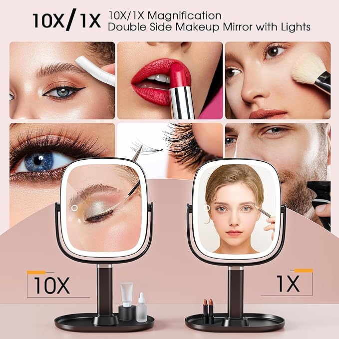 Makeup Mirror with Lights - 10x/1x Magnifying Mirror with Light, Rechargeable Desk Mirror with 3-Color Lighting & Memory Function, 360° Adjustable Table Mirror, Gift for Women (Black)