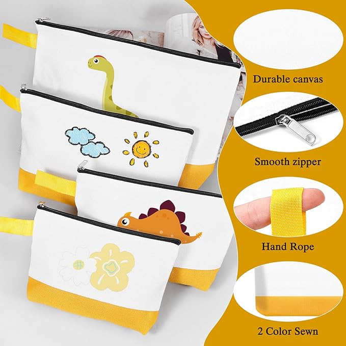 10 Pieces Cotton Canvas Makeup Bag with Bottom and Strap, Multi-Purpose Cosmetic Bag with Zipper Travel Toiletry Pouch, Blank DIY Craft Bag (White&Yellow, XS)