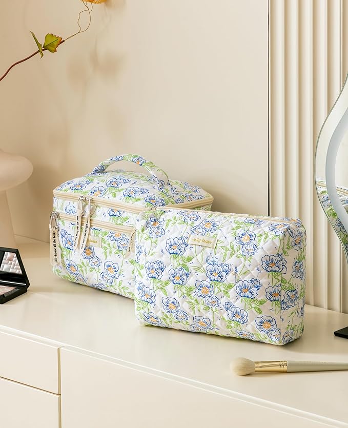 HBselect 2Pcs Travel Makeup Bag, Large Cotton Quilted Makeup Bag Cosmetic Bag Cute Make up Bag Toiletry Bags for Women Girls