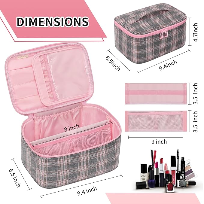 OCHEAL Makeup Bag for Women - Travel Cosmetic Organizer with Brush Slot & Divider, Large Capacity Toiletry Bag for Girls, Travel Makeup Case for everyday Make up Accessories -Pink Plaid