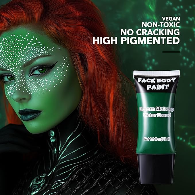 Green Face Paint, Water Based Full Body Paint Halloween Makeup,Cream Face Paint & Body Paint For Camouflage Hunting, Halloween SFX Gamora Witch Makeup 1.2 fl oz (35ml)