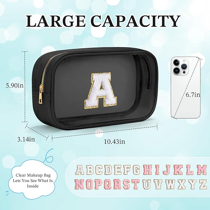YOOLIFE Initial Makeup Bag Travel Toiletry Bag Clear Makeup Bag Cosmetic Bags Travel Essentials Gifts for Girls Teen Girlfriend Teacher Birthday Birthday Gifts for Kids Black Graduation Gifts A