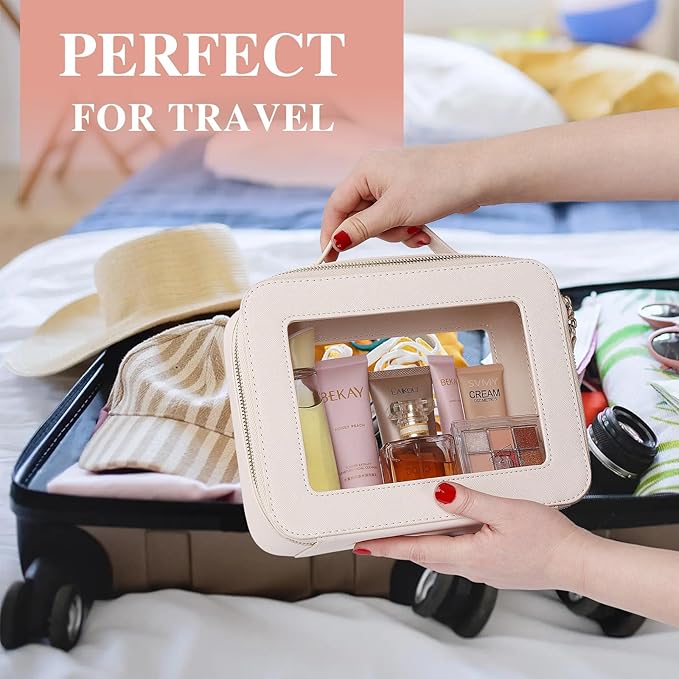 Pinkmik Clear Makeup Bag Waterproof Travel Case for Cosmetics and Toiletries Women's Purse Organizer and Clear Car Bag with Zipper (Beige, L+M+MINI)