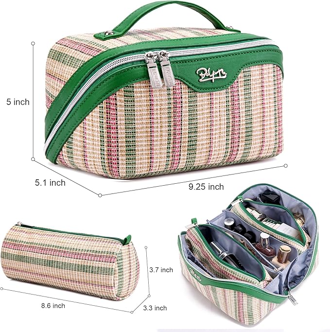 Travel Makeup Bag for Women: Large Capacity Open Flat Make up Bag Set of 3 - Vegan Leather Cosmetic Bag with Compartments - Waterproof Toiletry Bag with Handle & Divider(Green)